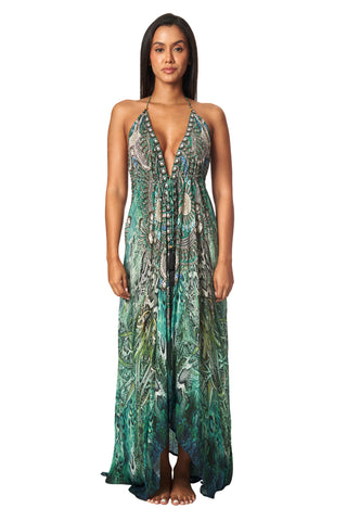 Beaded Luxe  Halter Maxi by La Moda - Emerald