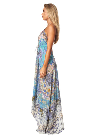 Beaded Luxe  Halter Maxi by La Moda - Aqua