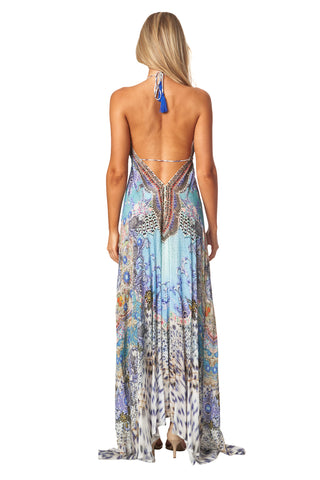 Beaded Luxe  Halter Maxi by La Moda - Aqua