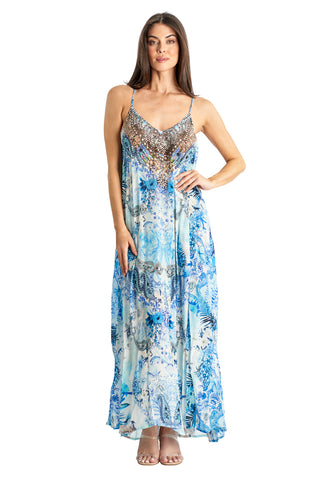 Beaded Luxe Maxi by La Moda - Light Blue Floral