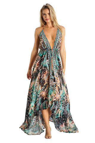 Beaded Luxe  Halter Maxi by La Moda - Black & Teal