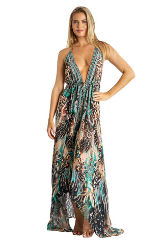 Beaded Luxe  Halter Maxi by La Moda - Black & Teal