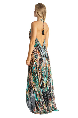 Beaded Luxe  Halter Maxi by La Moda - Black & Teal