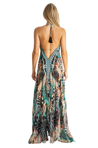 Beaded Luxe  Halter Maxi by La Moda - Black & Teal