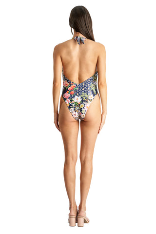 Beaded V Neck One Piece by La Moda - Floral