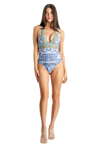 Halter One Piece by La Moda - Multi Blue