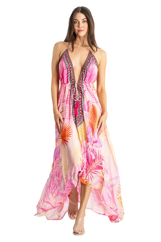 Beaded Luxe  Halter Maxi by La Moda - Pink Palm