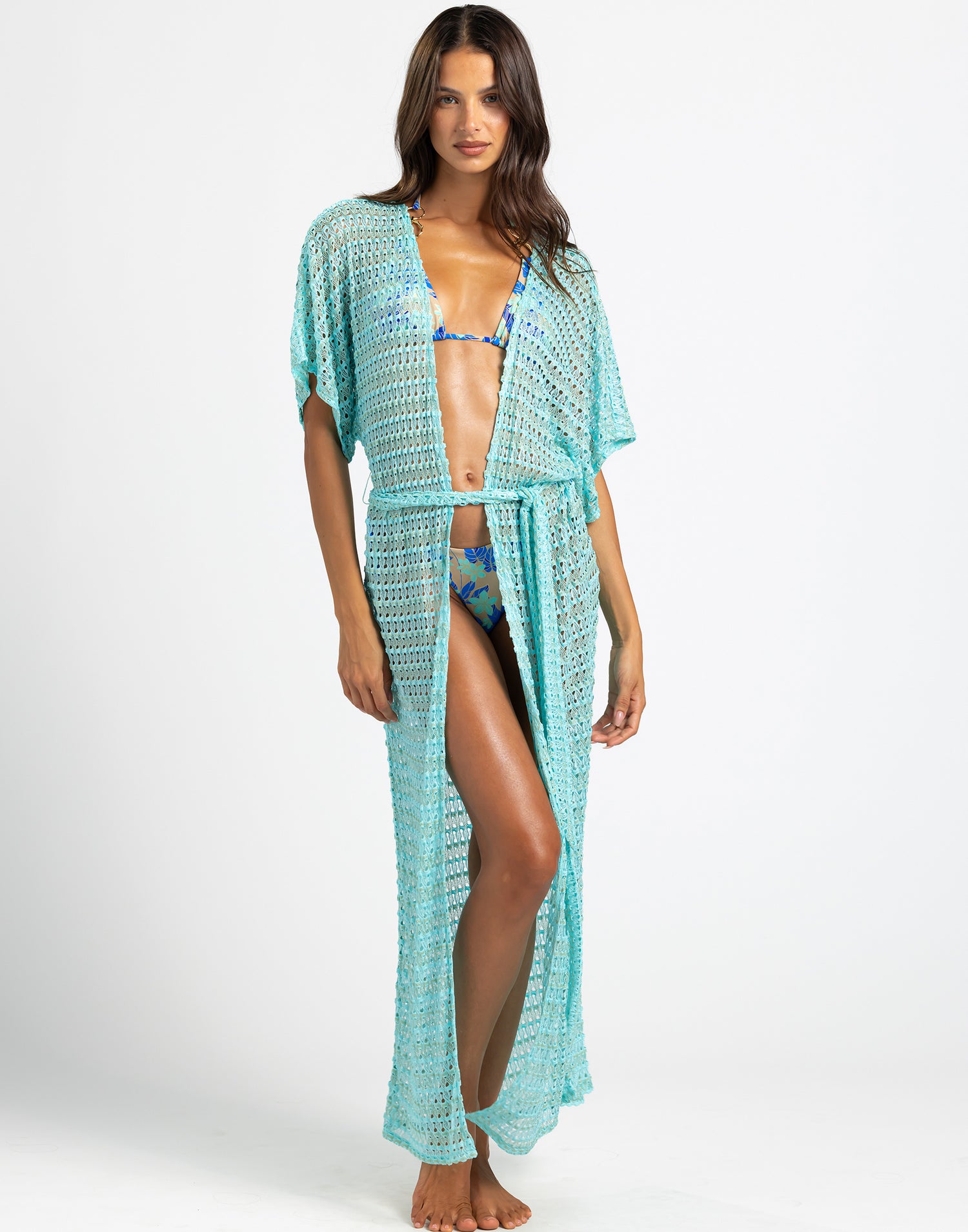 model is wearing aqua camden maxi kaftan
crochet material
ties at front