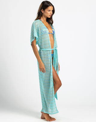 model is wearing aqua camden maxi kaftan
crochet material
ties at front