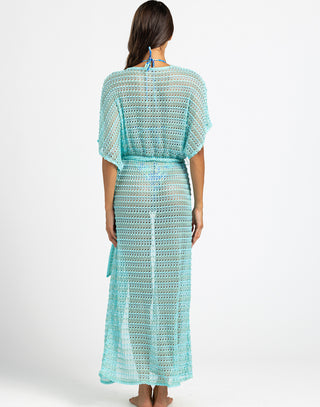 model is wearing aqua camden maxi kaftan
crochet material
ties at front