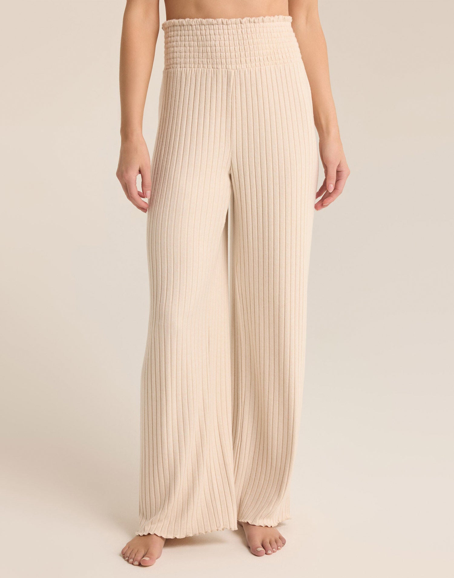 Dawn Smocked Rib Lounge Pant by Z Supply in Light Oatmeal Heather - Front View