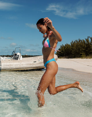 Sydney Tango Brazilian Bikini Bottom in Pink/Frozen/Blue - Side View / Spring 2024 Campaign