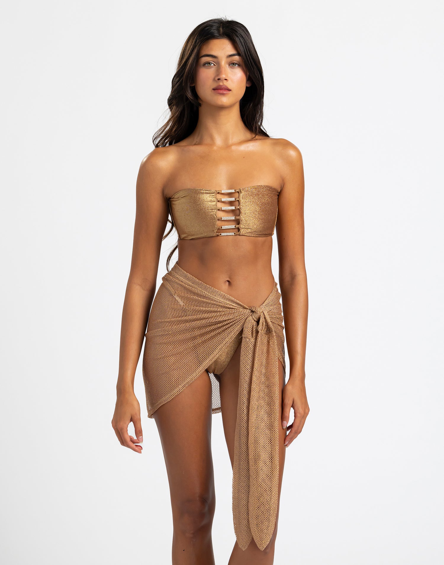 model is wearing the evie bandeau
paired with the nude dudley short pareo
pareo is meshlike material