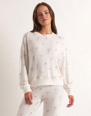 Happy Hour Cocktails Long Sleeve Lounge Top by Z Supply in Cloud Dancer - Alternate Front View