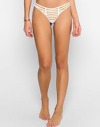 Hard Summer Tango Brazilian Bikini Bottom in White with Rows of Binding & Nude Lining - Front View