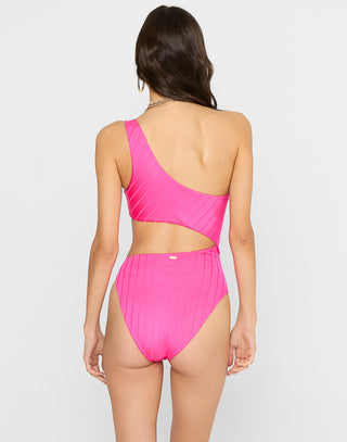 Lilly One Piece Swimsuit in Barbie Shiny Wide Rib with Side Cutout Panel & Gold Ring Hardware - Back View