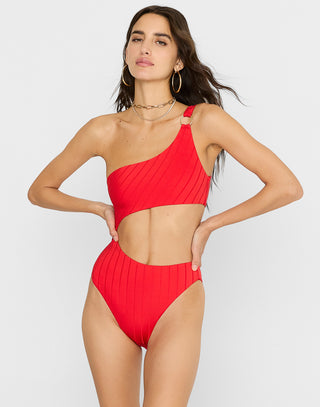 Lilly One Piece Swimsuit in Red Shiny Wide Rib with Side Cutout Panel & Gold Ring Hardware - Front View