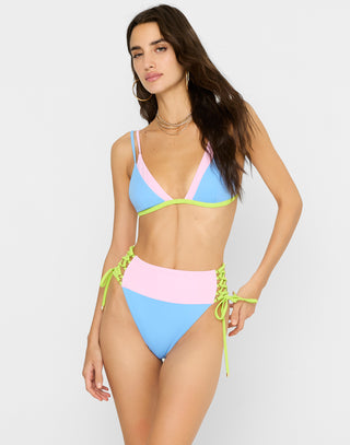 Traci High Waist Mini Bikini Bottom in Cornflower Fields with Lace Up Side Details - Front View