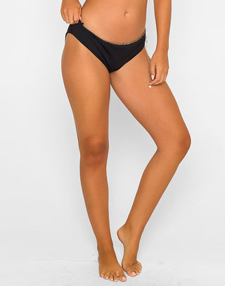 Noelani Full Coverage Bikini Bottom in Black with Adjustable Gold Belt - Front View