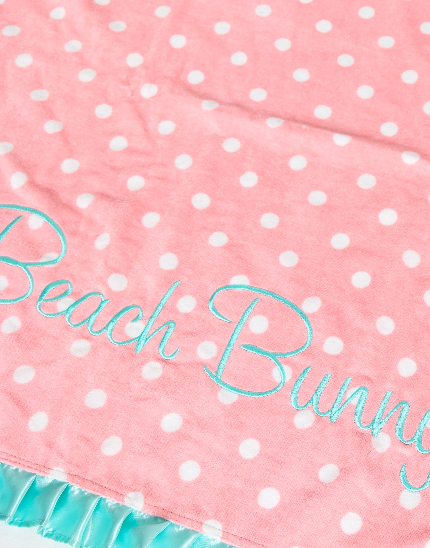 Beach Bunny Towel in Summer Dot with Teal Ruffle - Front Detail View