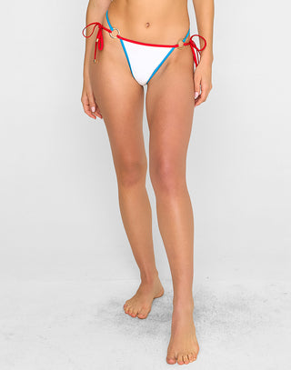 Selena Skimpy Bikini Bottom in White/Red/Blue with Gold Hammered Ring Hardware - Front View