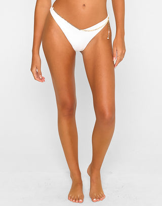 Serena Tango Brazilian Bikini Bottom in White with Gold Chain Belt – Front View