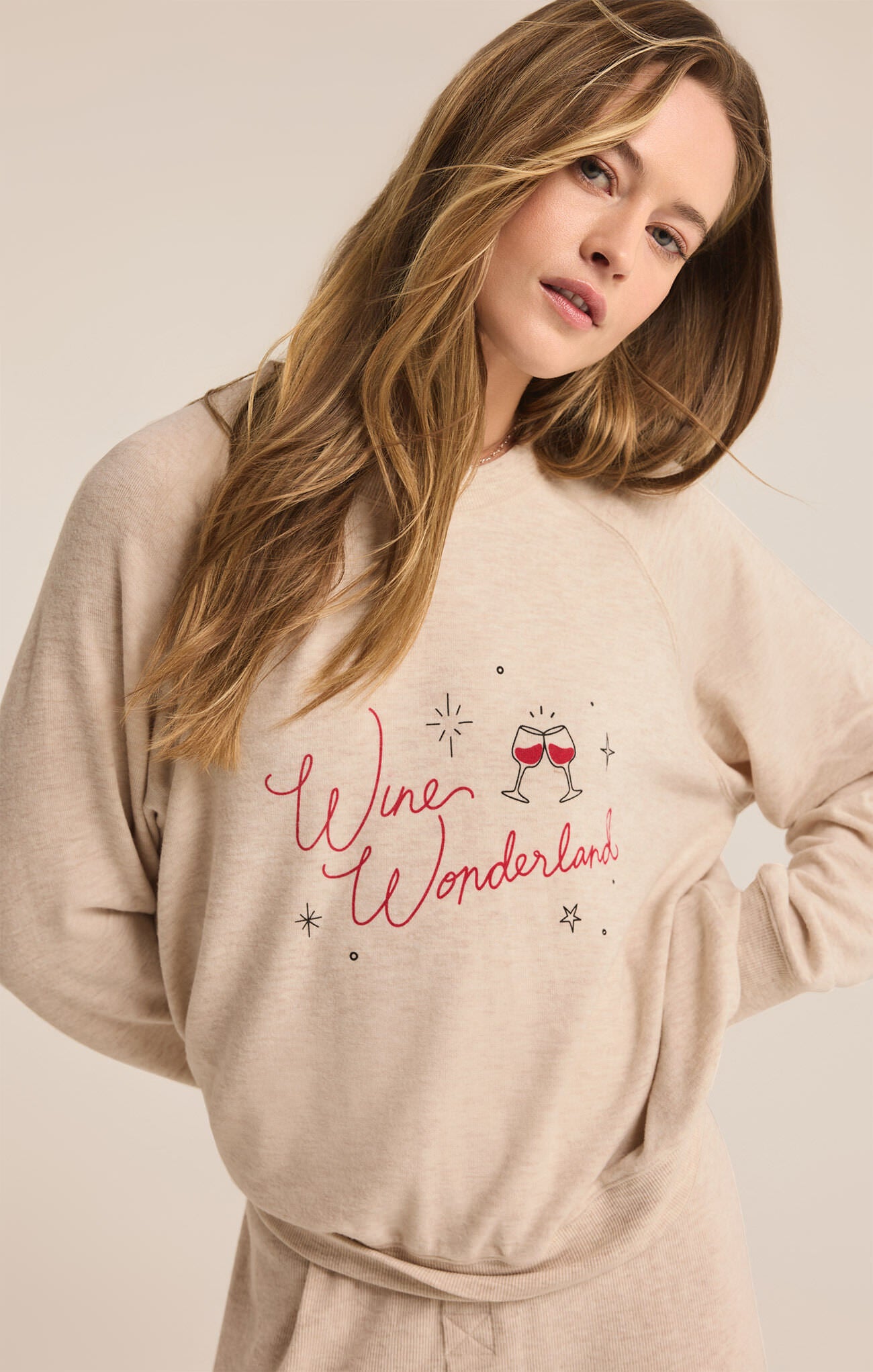 Cassie Wine Wonderland Long Sleeve Top by Z Supply - Light Oatmeal Heather