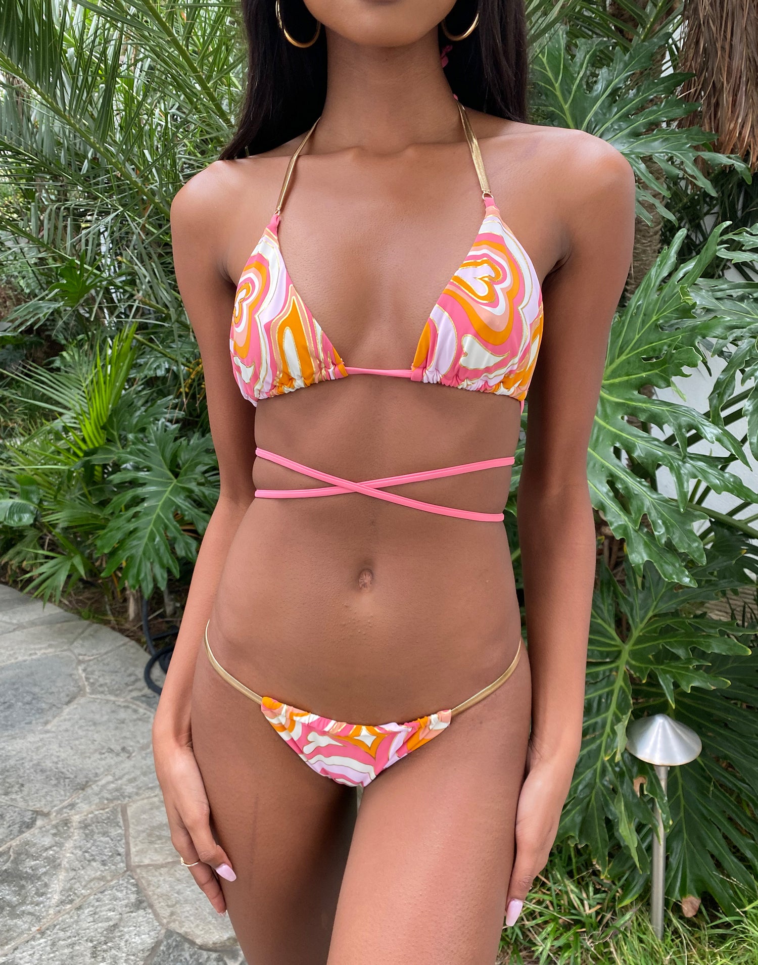 Abbie Tango Brazilian Bikini Bottom in Pink/Orange Multi with Gold Herringbone Hardware - Front Detail View / Spring 2022 Campaign