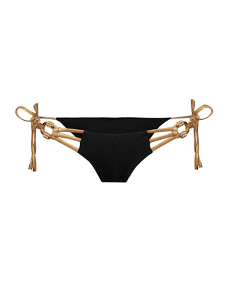 Madagascar Glam Tie Side Bikini Bottom in Black with Gold Rhinestone Embellished Hardware - Product Flatlay View 