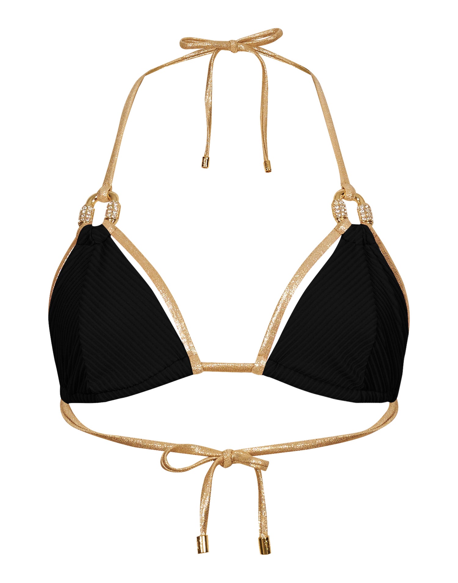 Madagascar Glam Triangle Bikini Top in Black with Gold Rhinestone Embellished Hardware - Product Flatlay View  