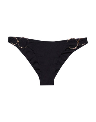 Nadia Skimpy Bikini Bottom in Black with Gold Hammered Ring Hardware - Product Flatlay View