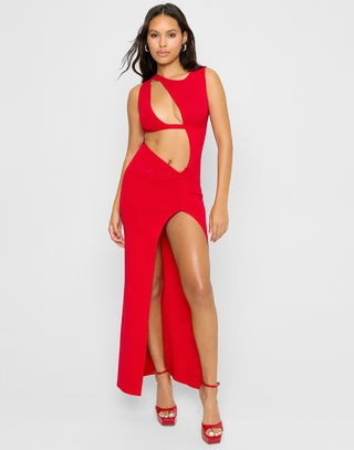 This Is It Apparel Maxi Dress by Summer Haus in Red with Sexy Cutouts & High Leg Slit - Front View