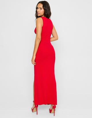 This Is It Apparel Maxi Dress by Summer Haus in Red with Sexy Cutouts & High Leg Slit - Back View