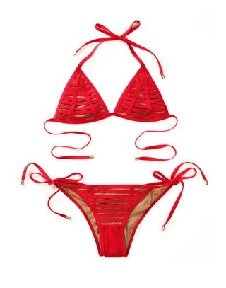 Hard Summer Tie Side Bikini Bottom in Red with Rows of Binding & Nude Lining - Product View