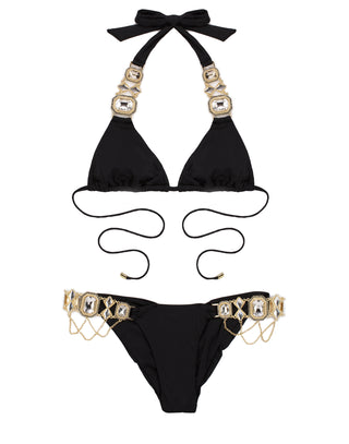 Jazmin Halter Bikini Top in Black with Rhinestone Embellished Hardware – Product View