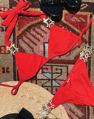 Run The World Halter Bikini Top in Red with Gold Hardware - Product View